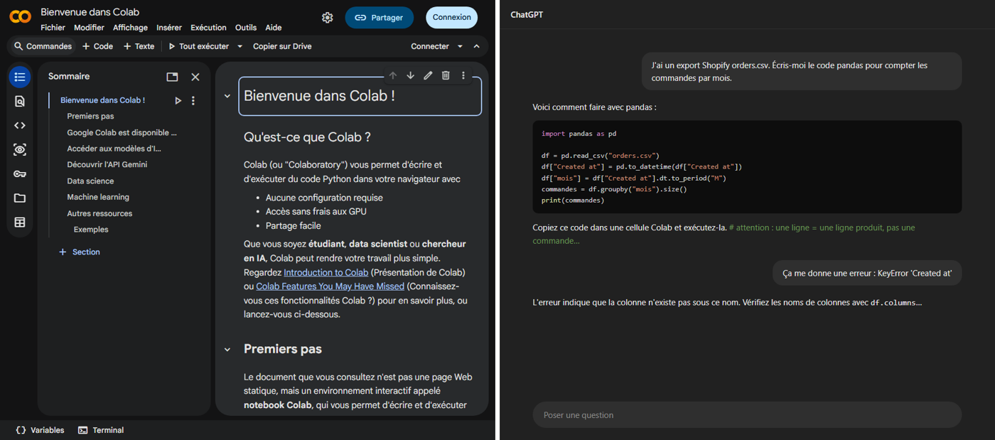 Écran scindé : à gauche un notebook Google Colab, à droite une conversation avec une IA générative qui fournit du code pandas à copier